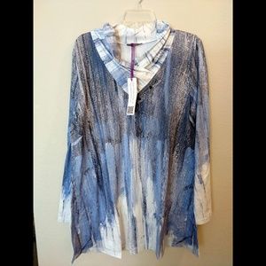 Blue Brushstroke Button-Accent Cowl Neck Tunic XL